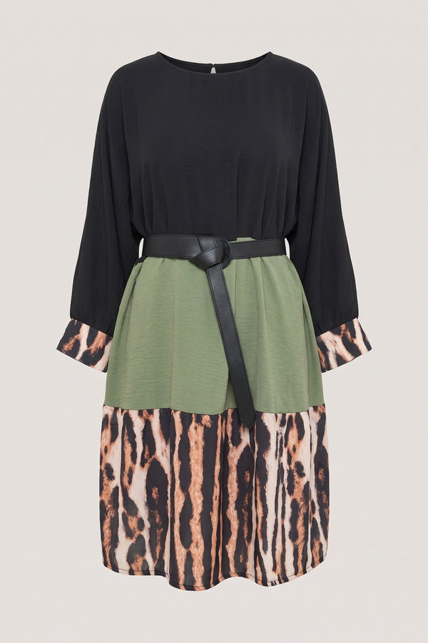 Clare Long Sleeve Leopard Trim Print Oversized Mini Dress - Khaki