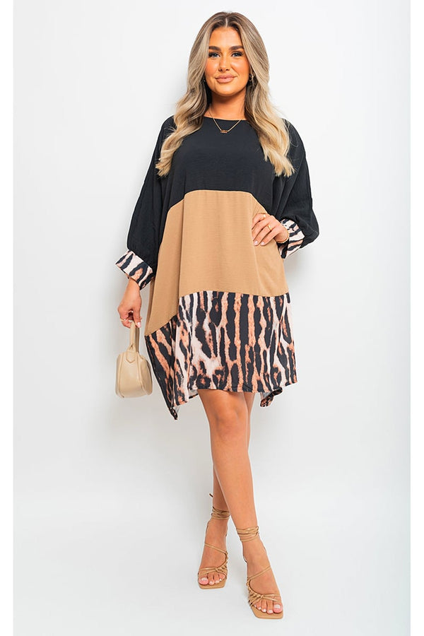 Clare Long Sleeve Leopard Trim Print Oversized Mini Dress - Mocha