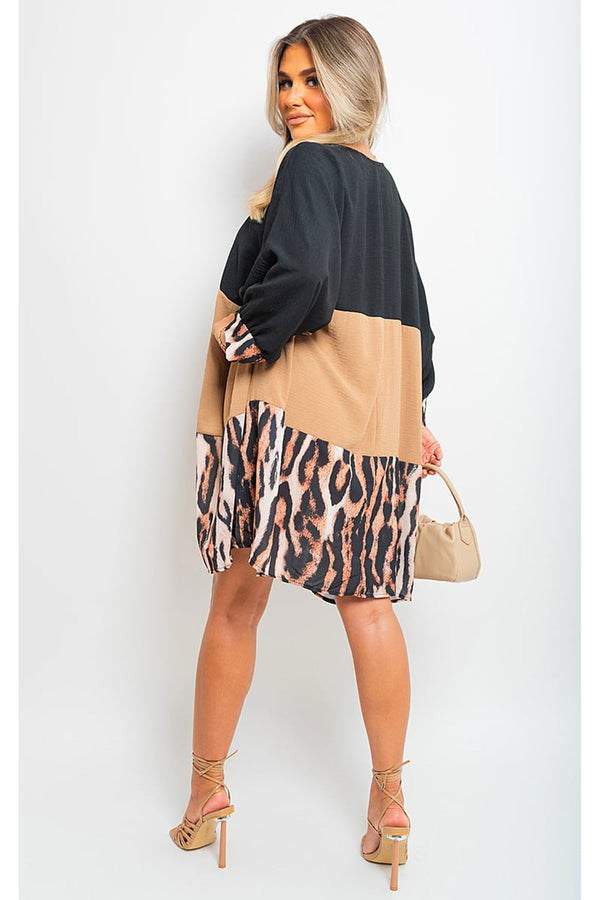 Clare Long Sleeve Leopard Trim Print Oversized Mini Dress - Mocha