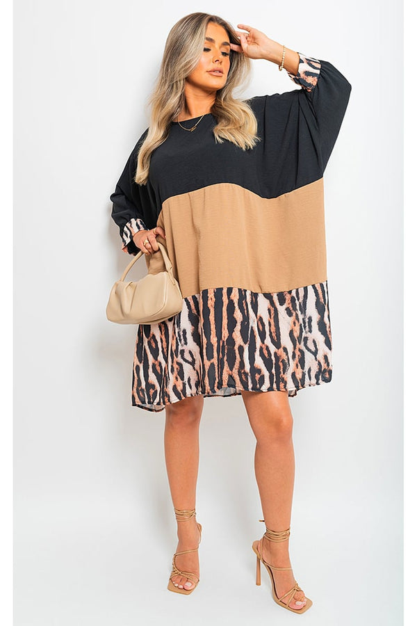 Clare Long Sleeve Leopard Trim Print Oversized Mini Dress - Mocha