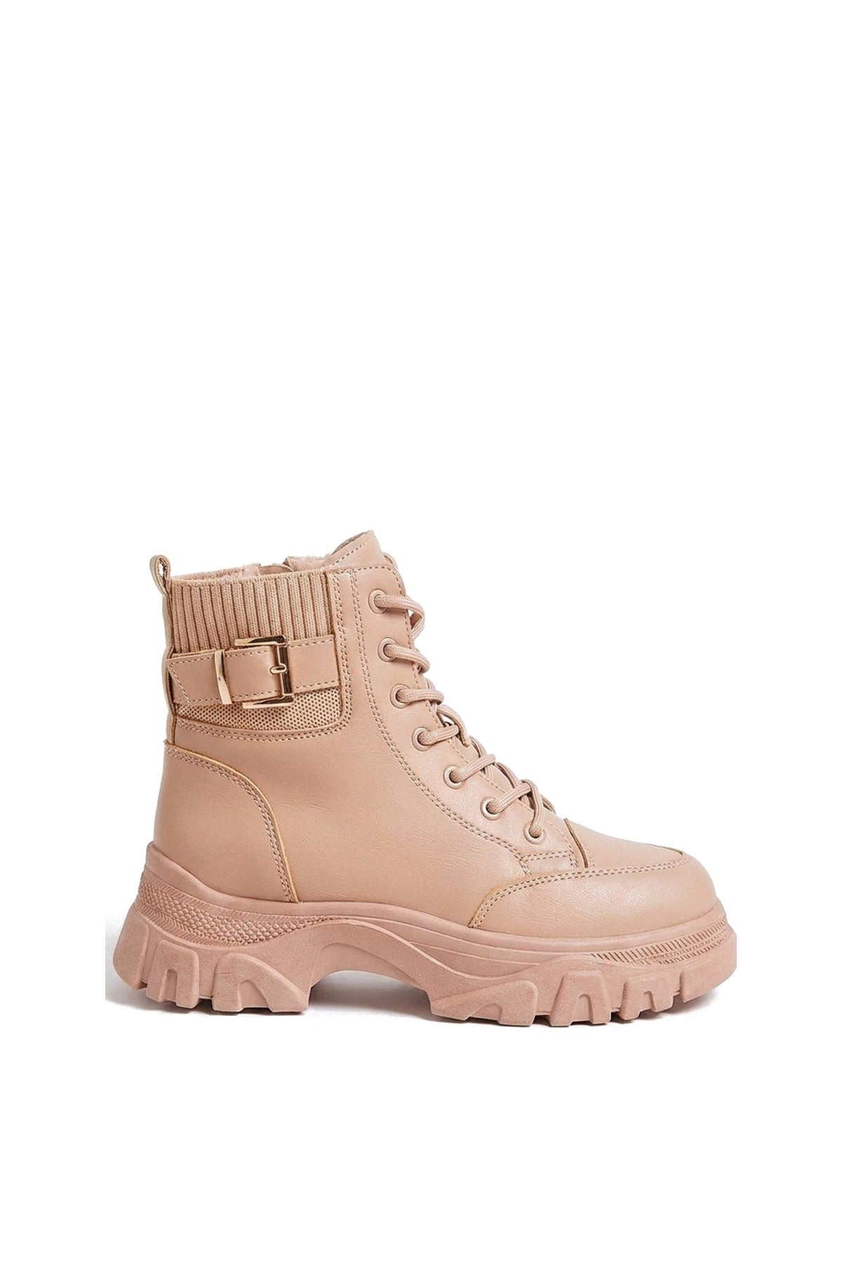 Clarissa Chunky Lace Up Platform Ankle Boots - Beige