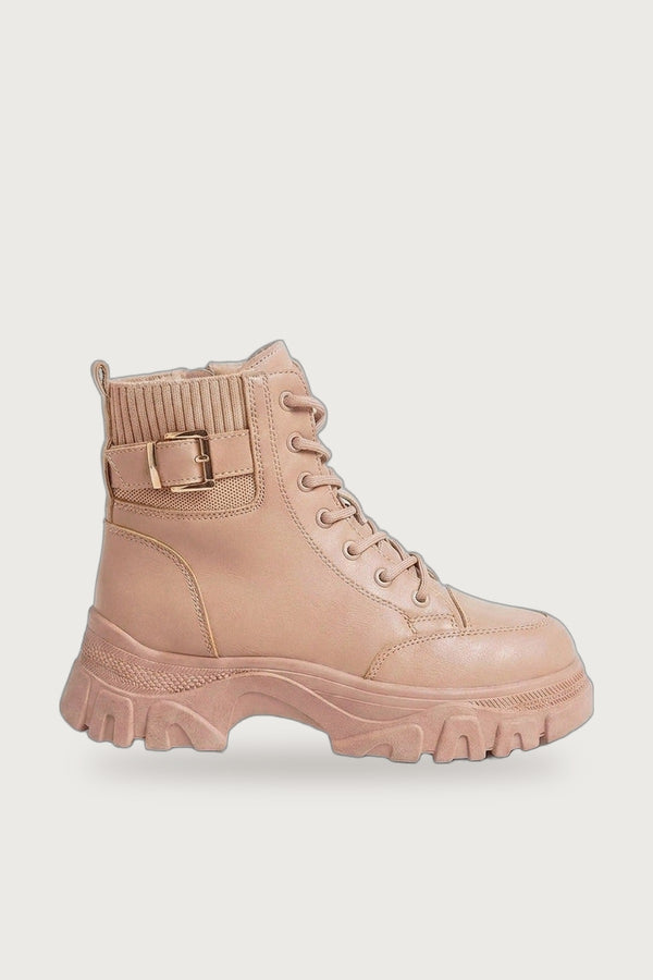 Clarissa Chunky Lace Up Platform Ankle Boots - Beige