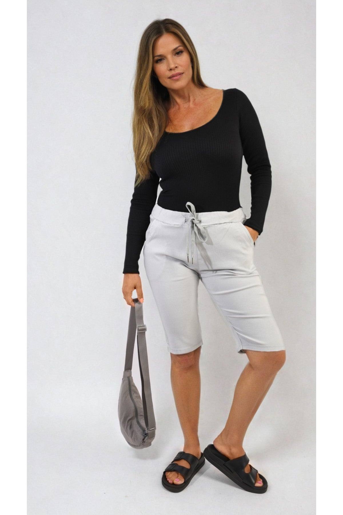 Clarissa Elasticated Waist Drawstring Shorts - Grey