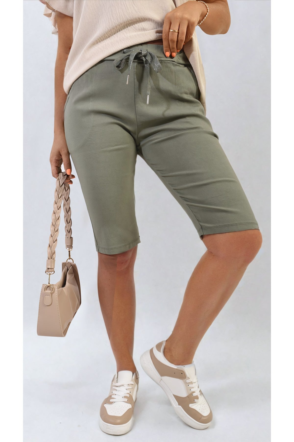 Clarissa Elasticated Waist Drawstring Shorts - Khaki