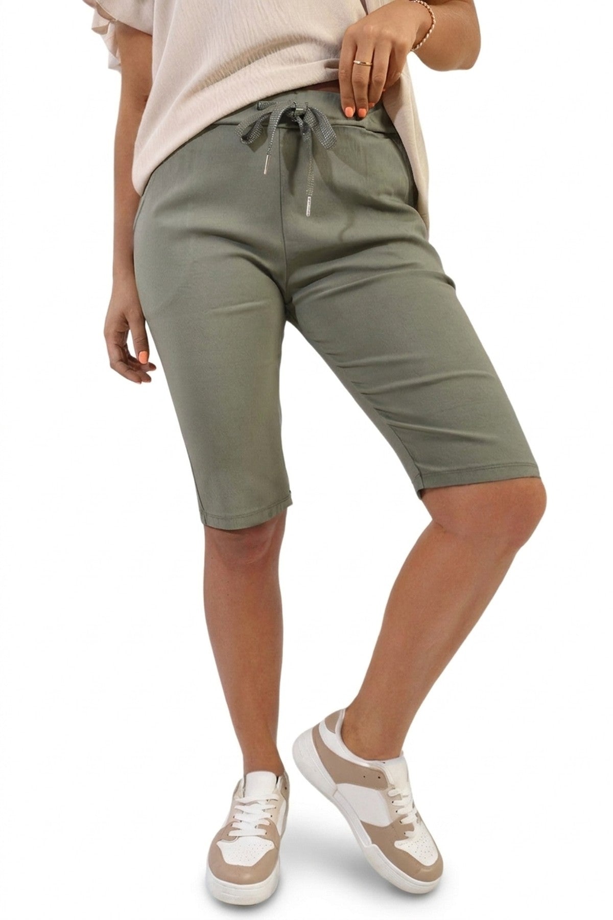 Clarissa Elasticated Waist Drawstring Shorts - Khaki_wb