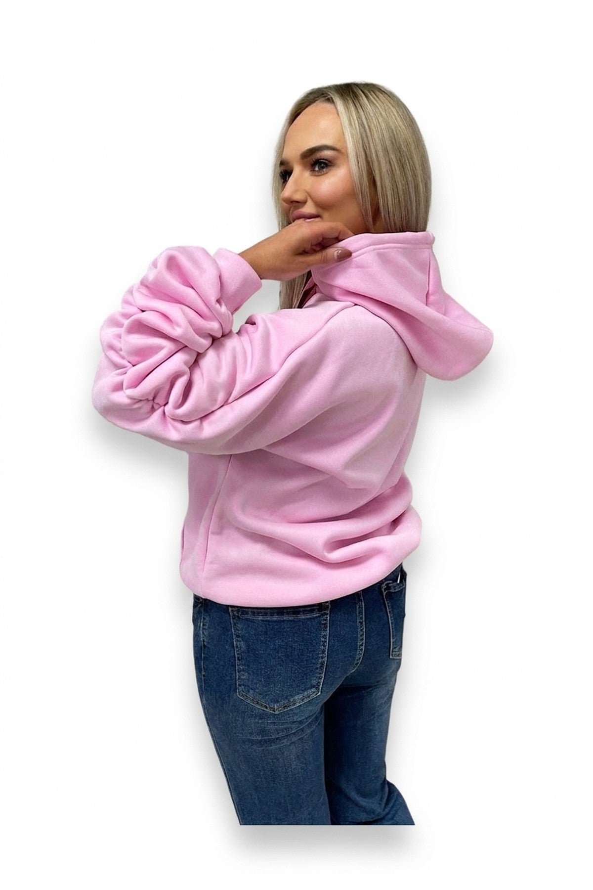 Clarissa Oversized Ruched Sleeves Knitted Hoodie With Ribbon Detail - Baby Pink