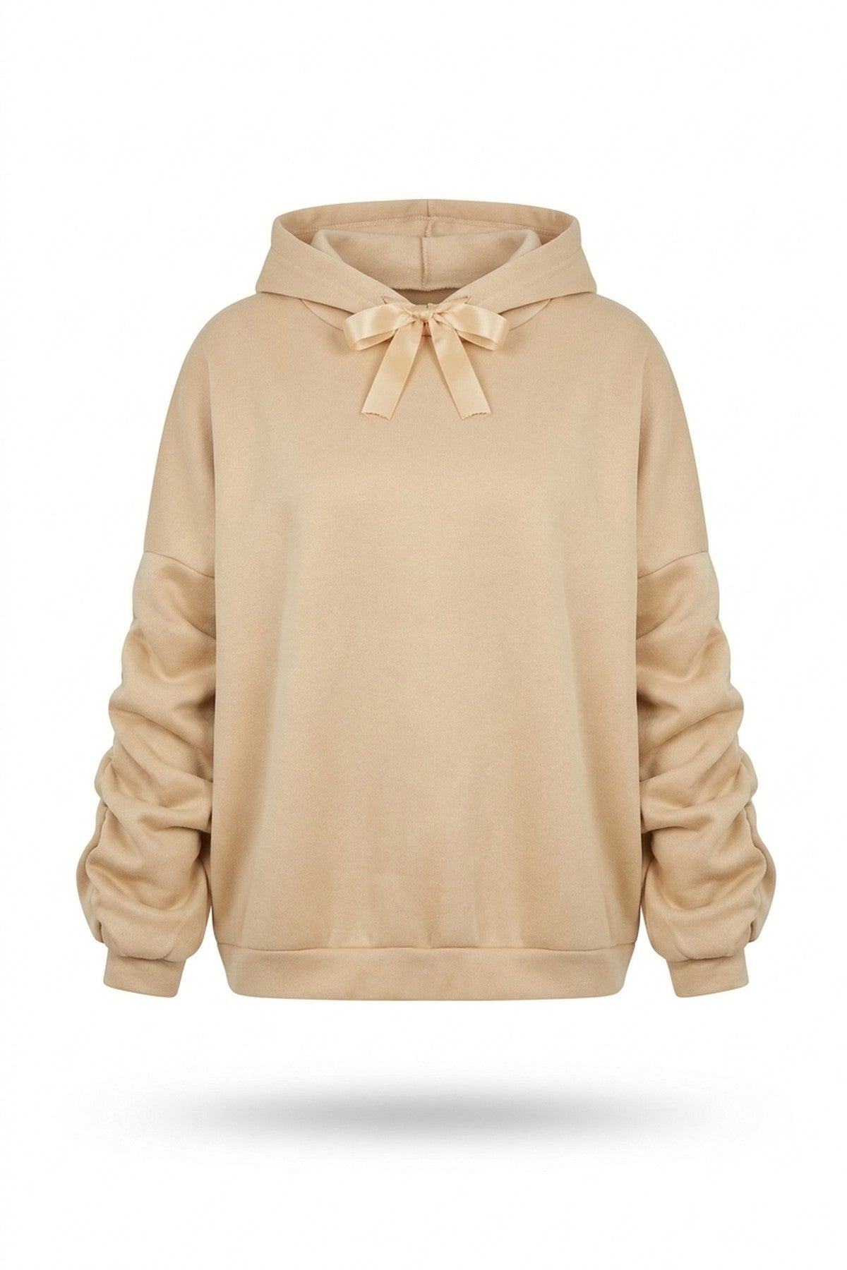 Clarissa Oversized Ruched Sleeves Knitted Hoodie With Ribbon Detail - Beige_wb