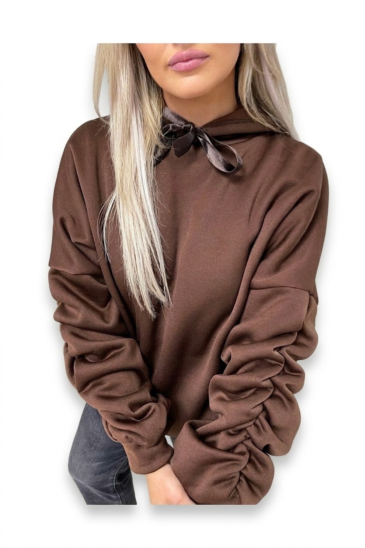 Clarissa Oversized Ruched Sleeves Knitted Hoodie With Ribbon Detail - Brown