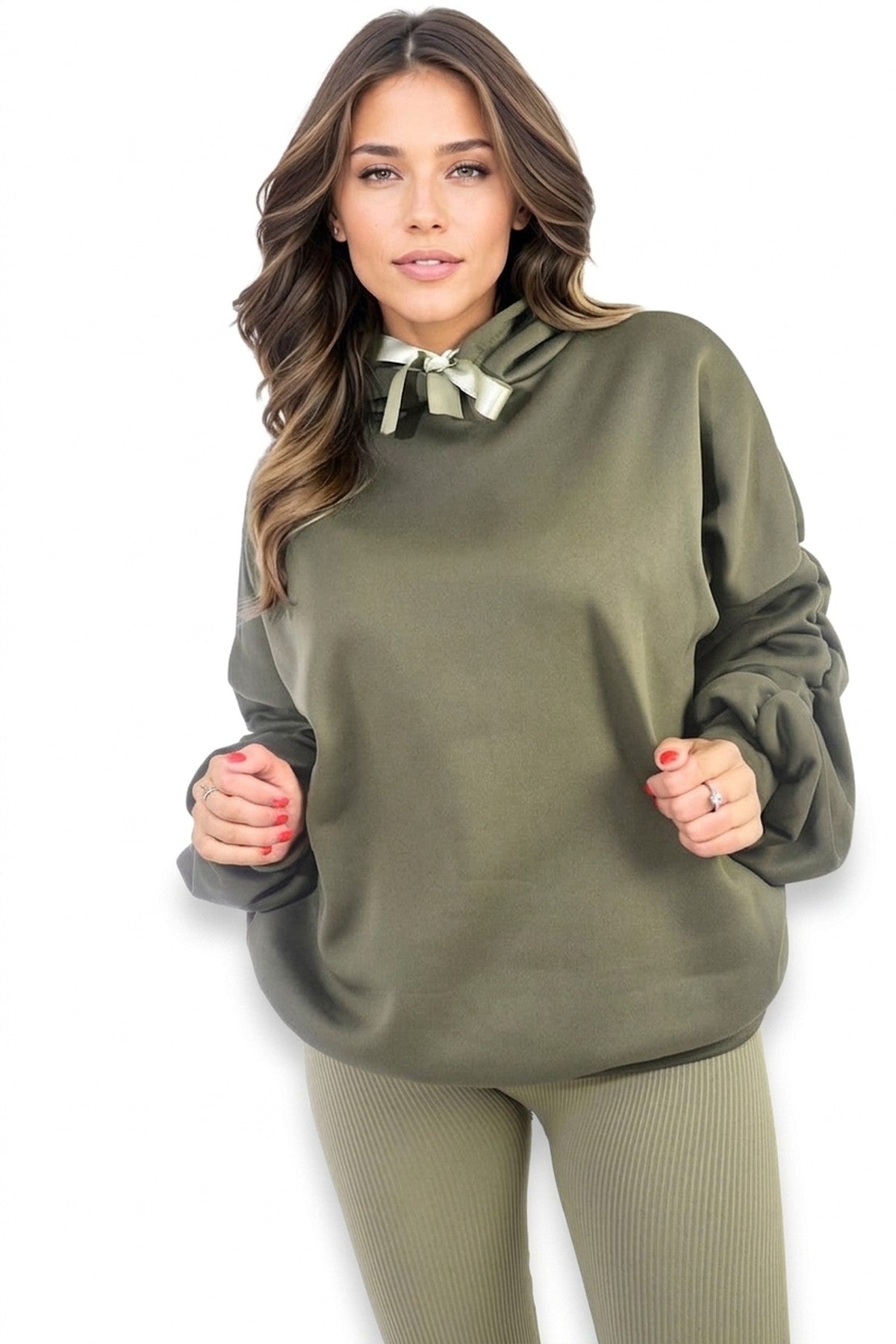 Clarissa Oversized Ruched Sleeves Knitted Hoodie With Ribbon Detail - Khaki