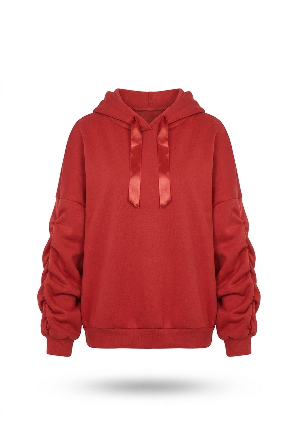 Clarissa Oversized Ruched Sleeves Knitted Hoodie With Ribbon Detail - Red_wb