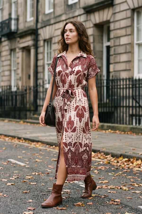 Lianne Collared Short Sleeve Midi Dress With Tie Waist - Red