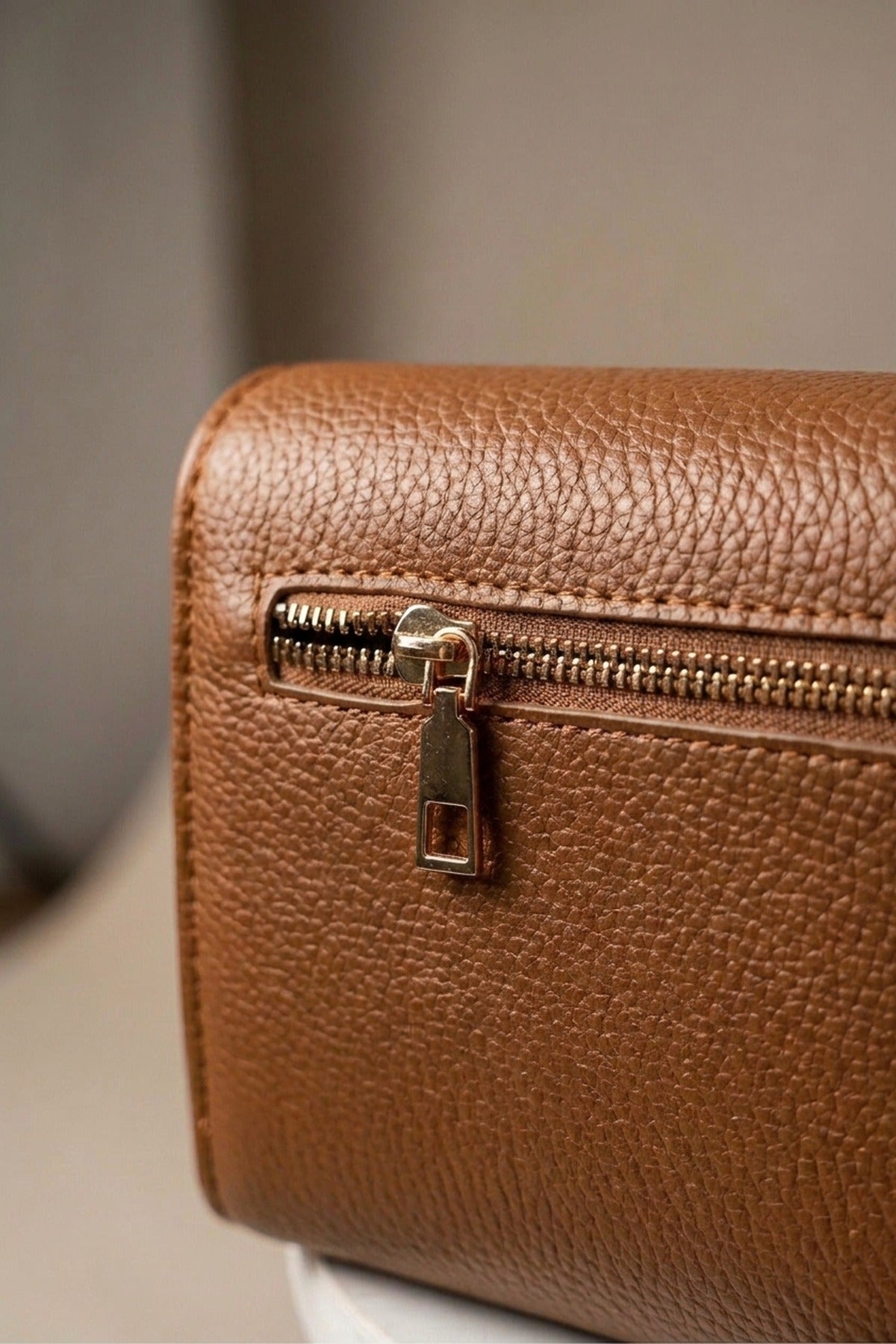 Constance Pebbled Faux Leather Text Bag - Tan