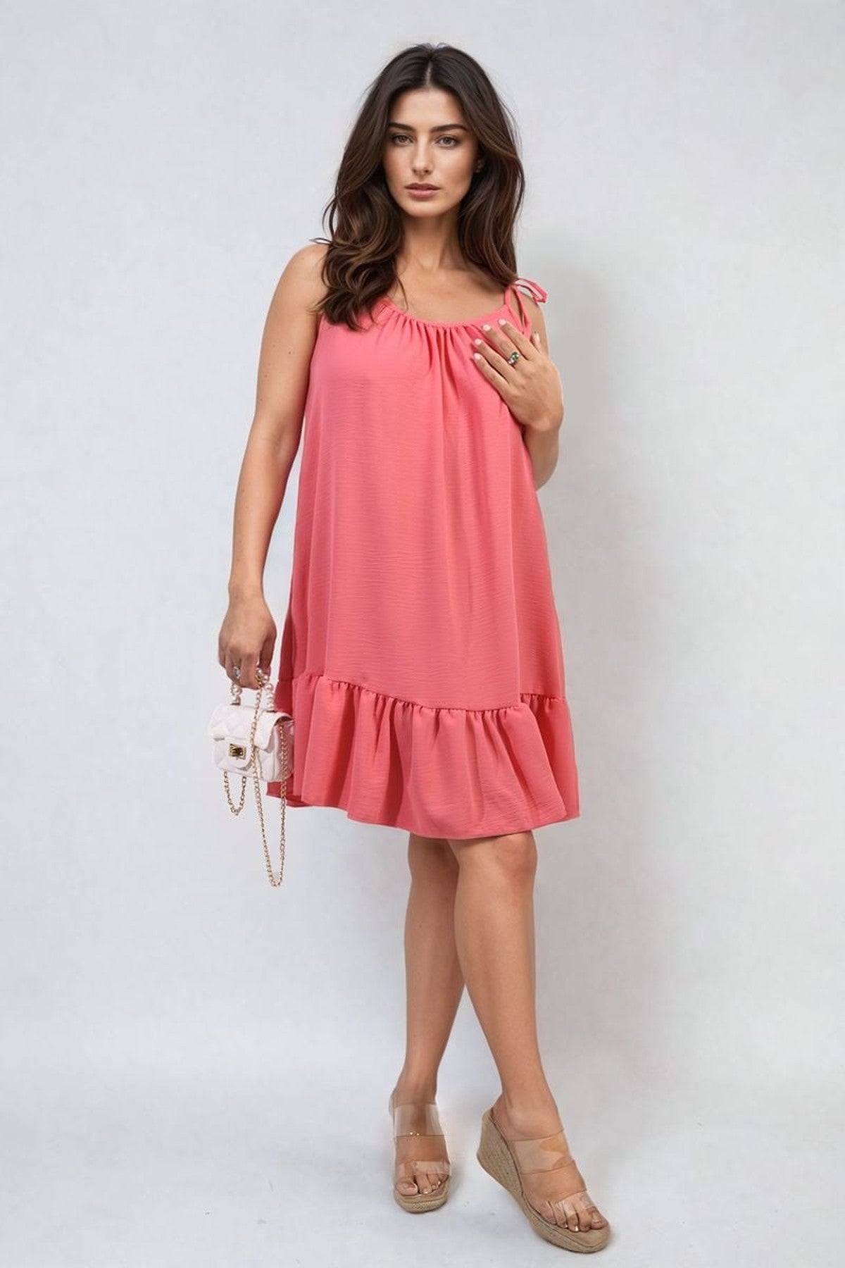 Faye Backless Tie-up Spaghetti Strap Frill Hem Mini Dress - Coral