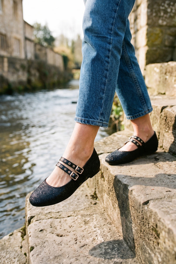 Cordelia Glittery Mary Jane Flats - Black