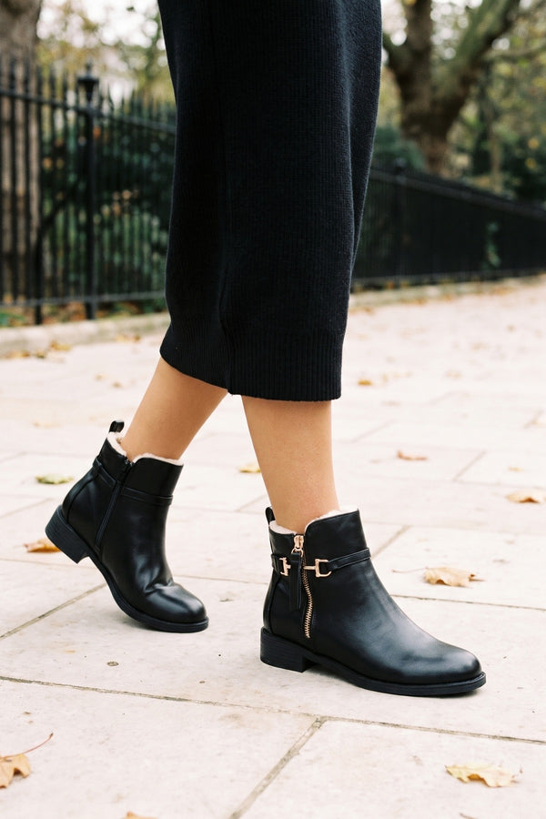 Cordelia Gold Buckle Trim Ankle Boots - Black