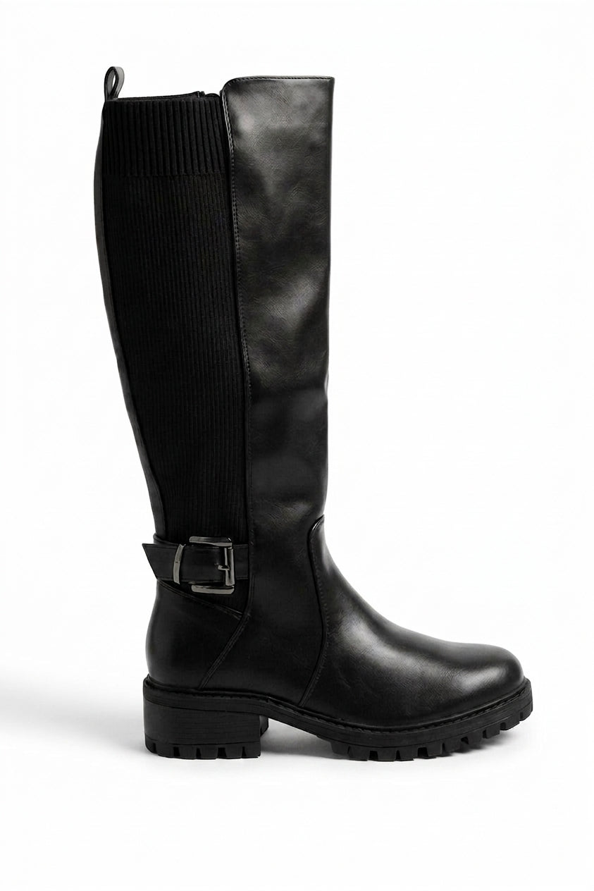Cordelia Ribbed Panel Knee High Boots - Black