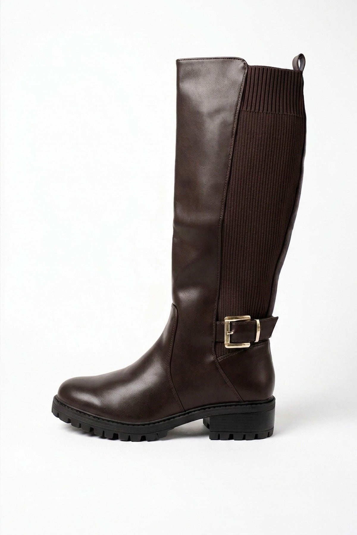Cordelia Ribbed Panel Knee High Boots - Brown