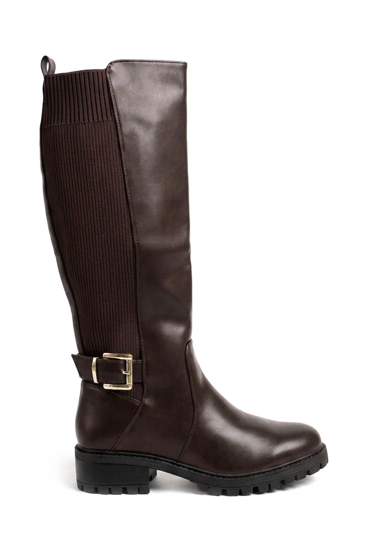 Cordelia Ribbed Panel Knee High Boots - Brown_wb