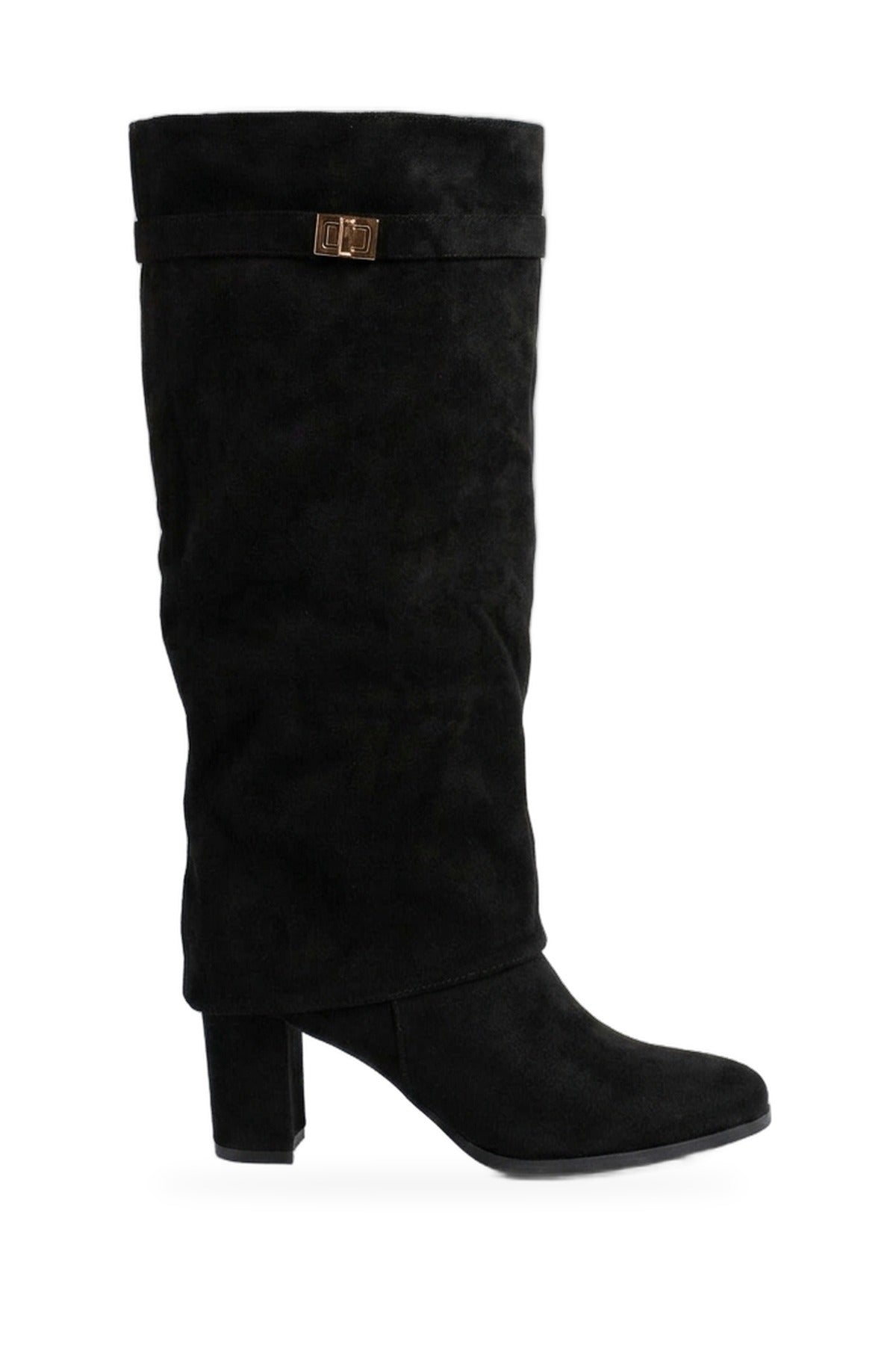 Cordelia Fold Over Block Heel Knee High Boots - Black Suede