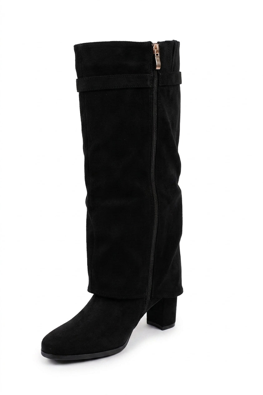 Cordelia Fold Over Block Heel Knee High Boots - Black Suede_wb