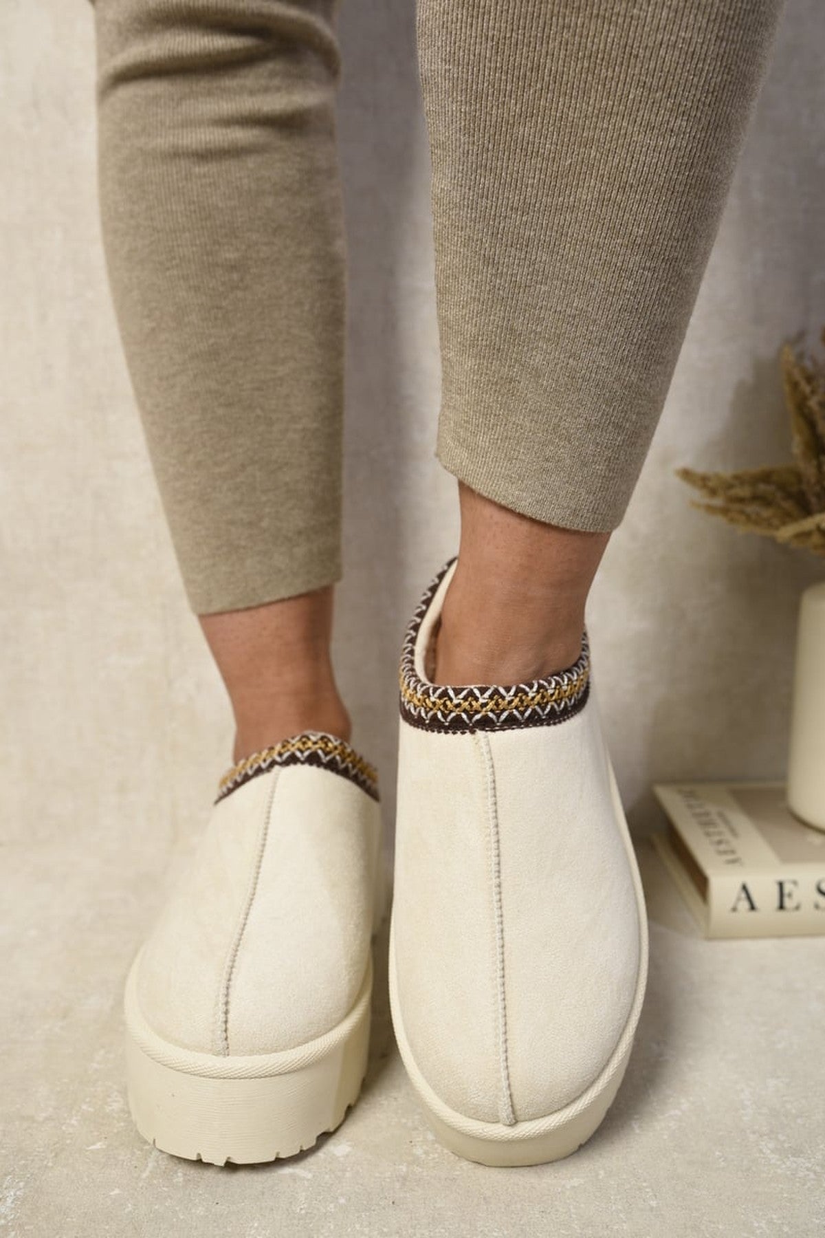 Jolene Aztec Detail Low Ankle Platform Slipper Boots - Cream