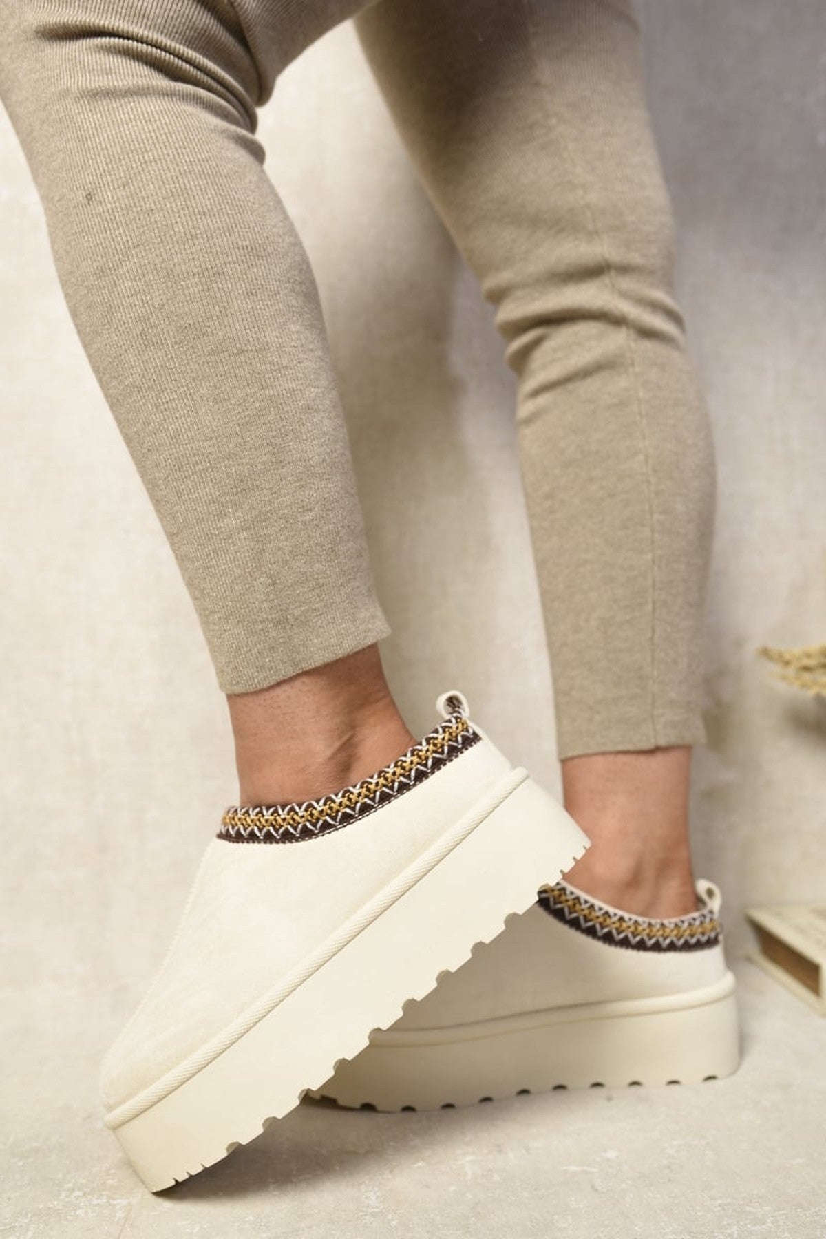 Jolene Aztec Detail Low Ankle Platform Slipper Boots - Cream