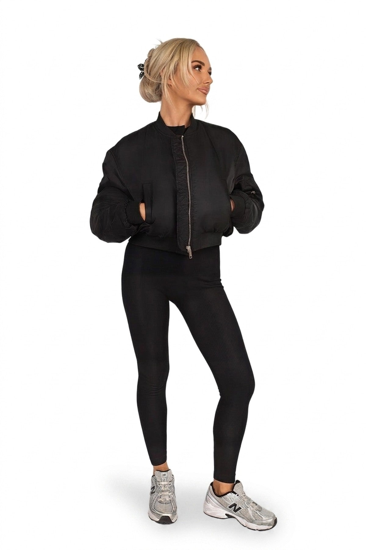 Melina Cropped Long Sleeve Zip Up Puffer Jacket - Black_wb