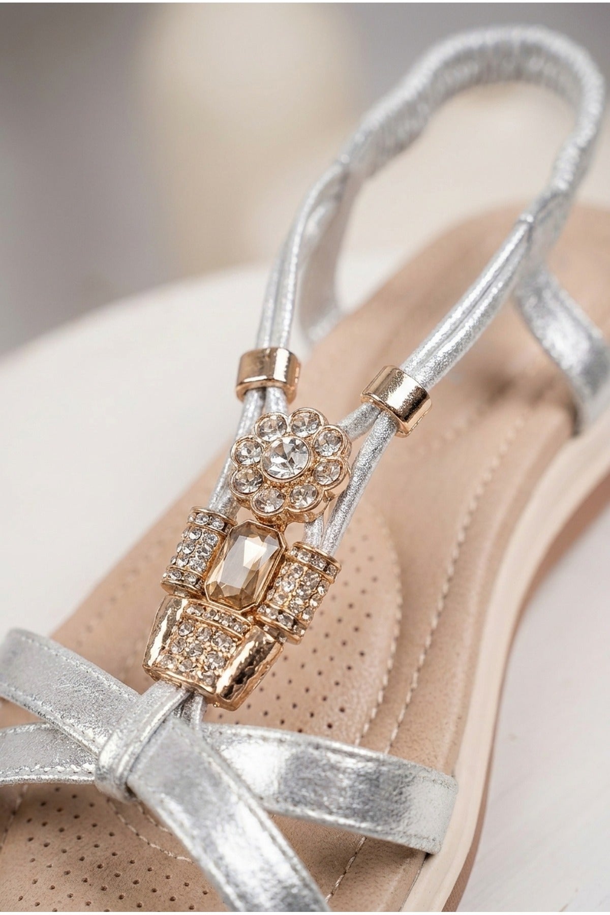 Saoirse Embellished Strappy Flat Sandals - Silver