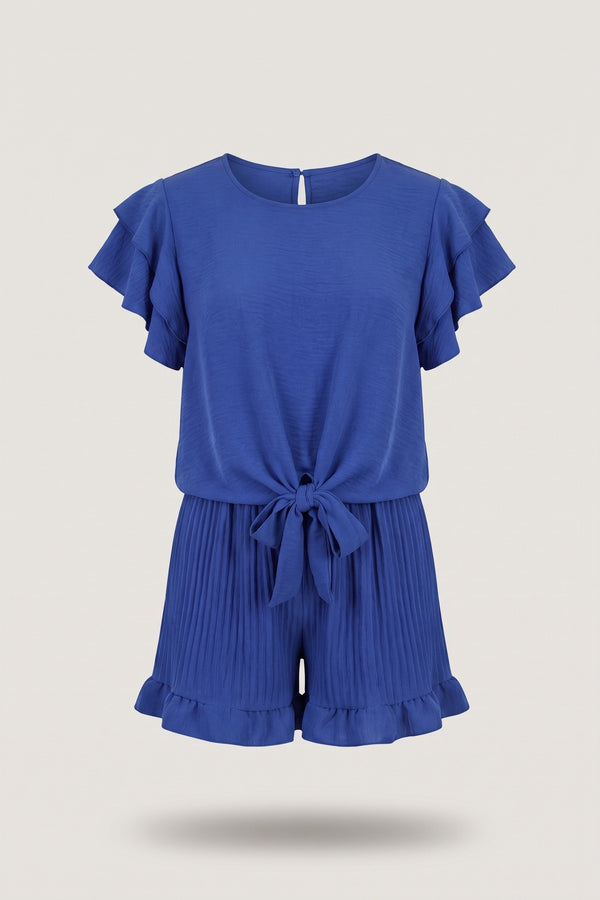 Cynthia Layered Ruffle Short Sleeve Tie Front Top - Royal Blue