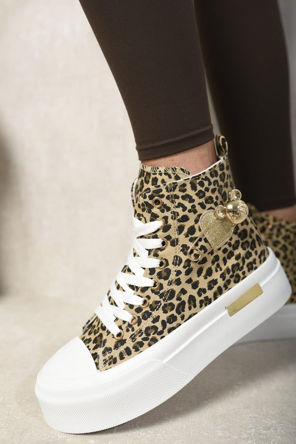 Dana High Top Lace Up Platform Ankle Trainers With Decorative Detail - Leopard