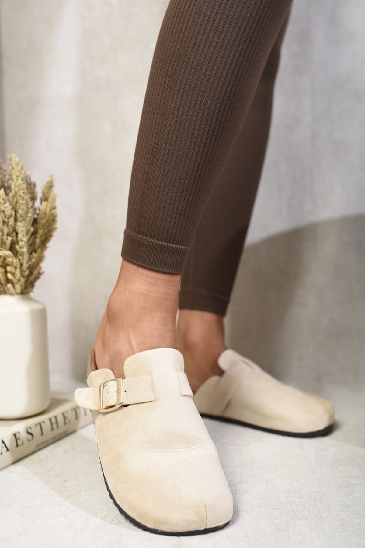 Danica Suede With Buckle Details Slip On Sandals - Beige