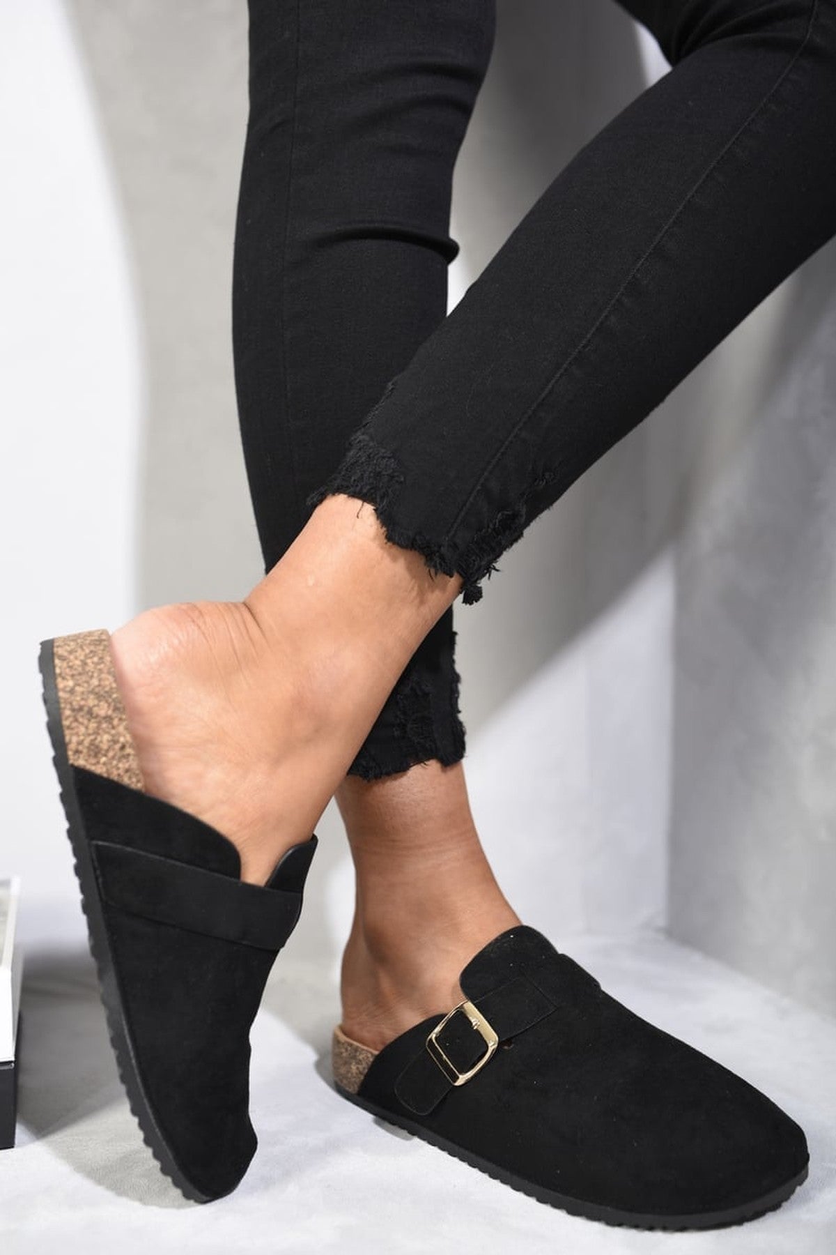 Danica Suede With Buckle Details Slip On Sandals - Black