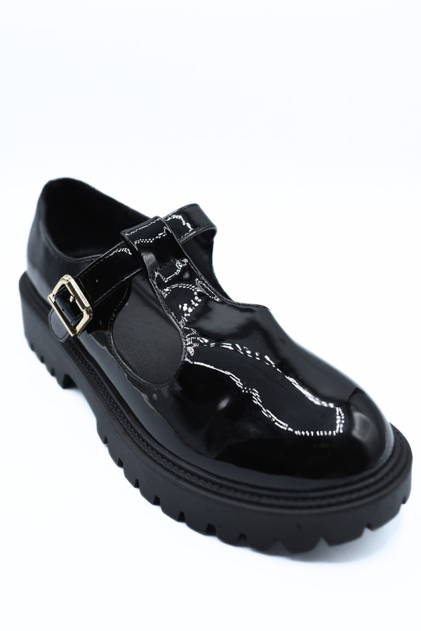 Danica T-strap Buckle Chunky Sole Shoes - Black Pat