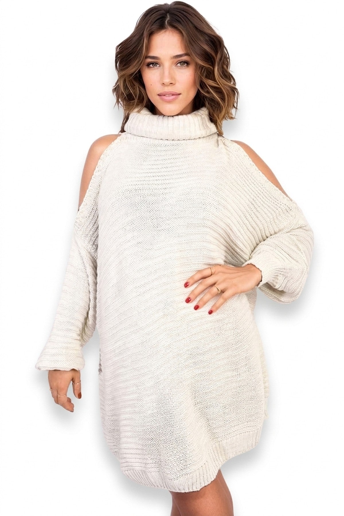 Bria High Neck Oversized Open Shoulder Long Sleeve Knitted Jumper - Beige_wb