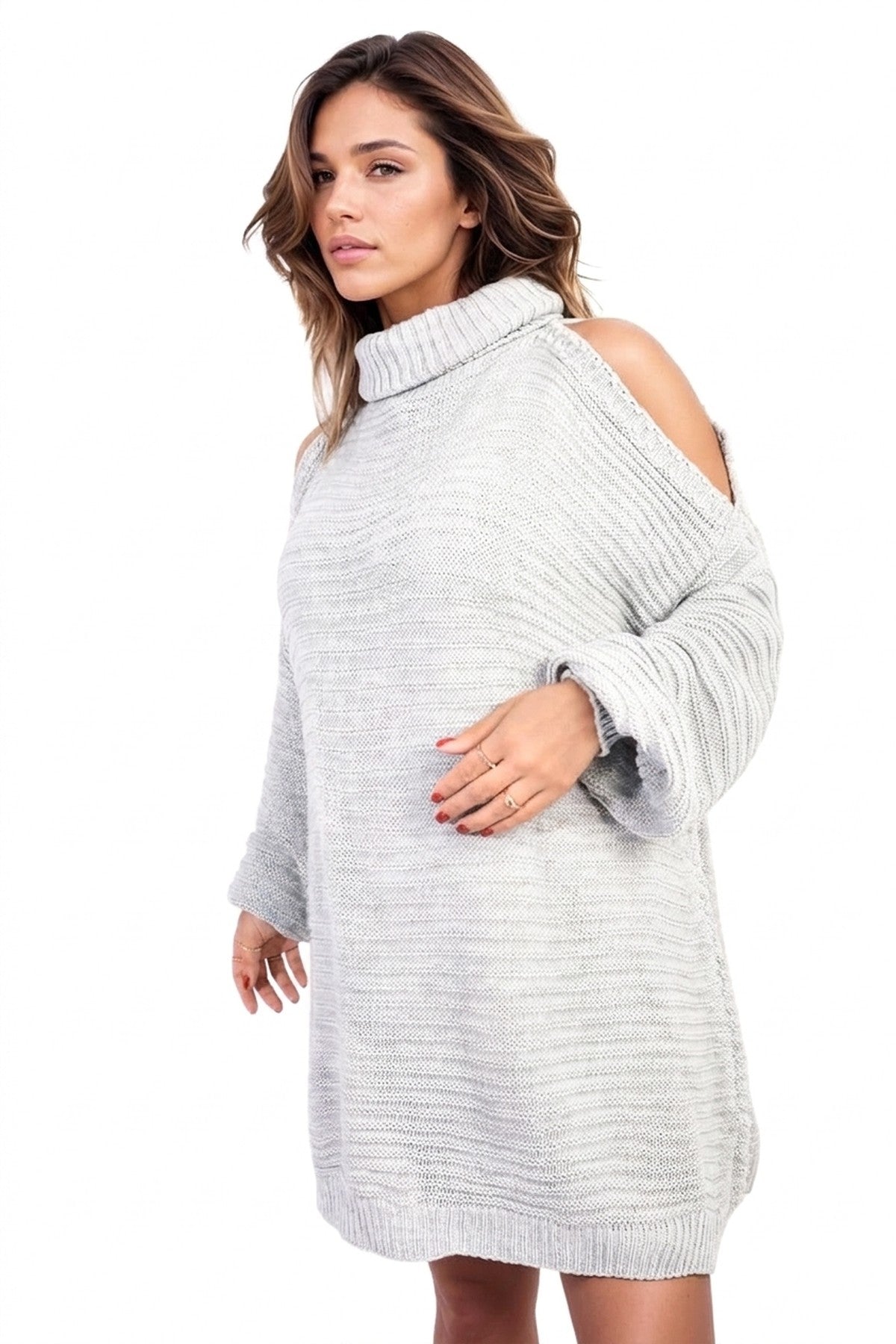 Bria High Neck Oversized Open Shoulder Long Sleeve Knitted Jumper - Grey_wb