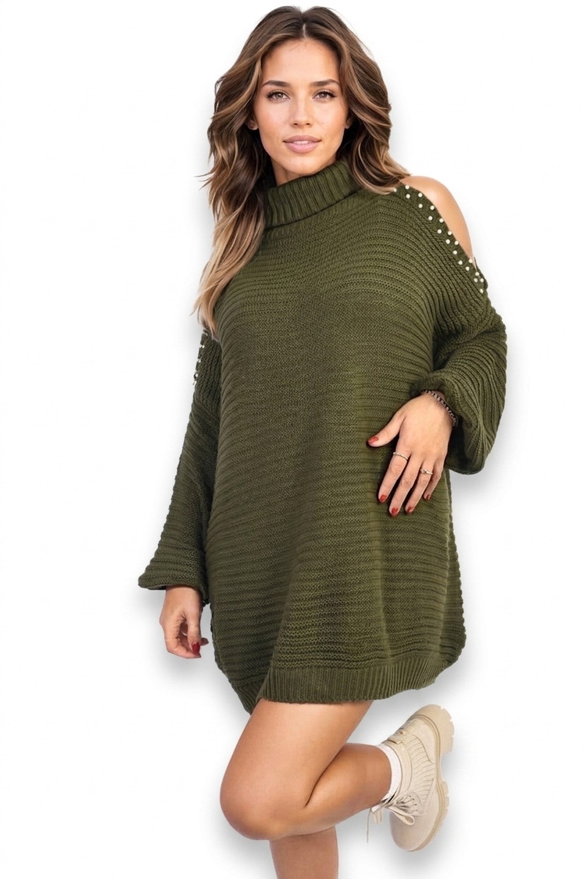 Bria High Neck Oversized Open Shoulder Long Sleeve Knitted Jumper - Khaki