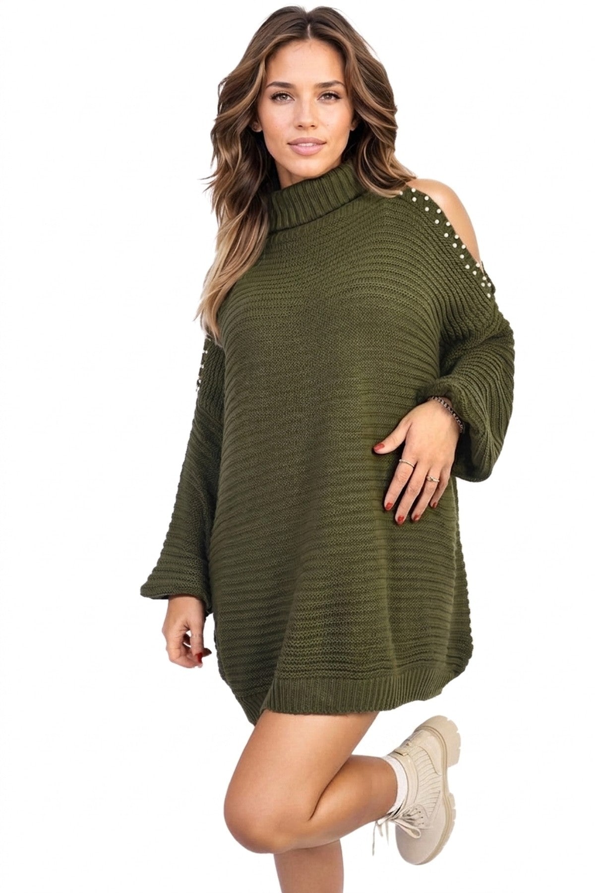 Bria High Neck Oversized Open Shoulder Long Sleeve Knitted Jumper - Khaki_wb