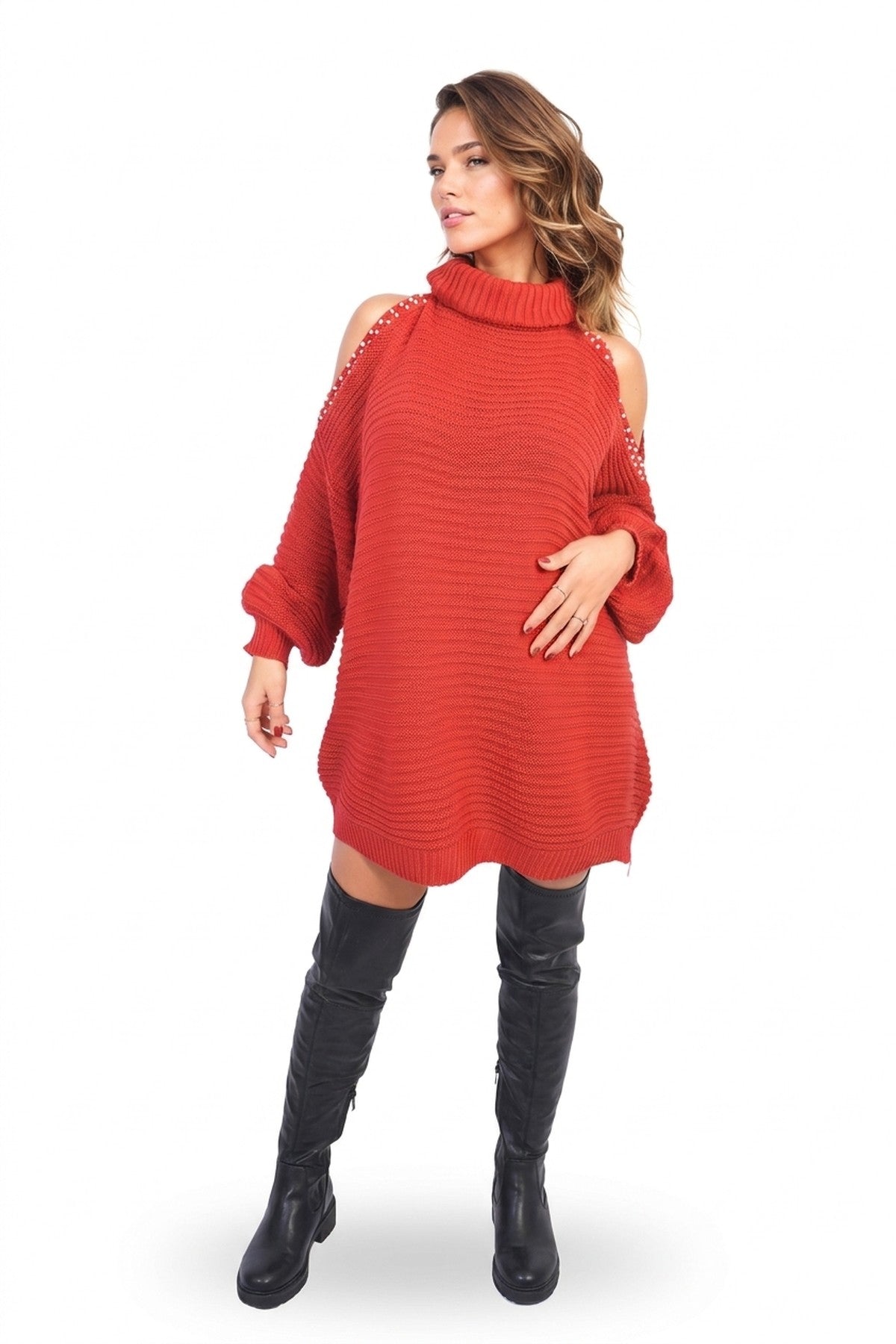 Bria High Neck Oversized Open Shoulder Long Sleeve Knitted Jumper - Red