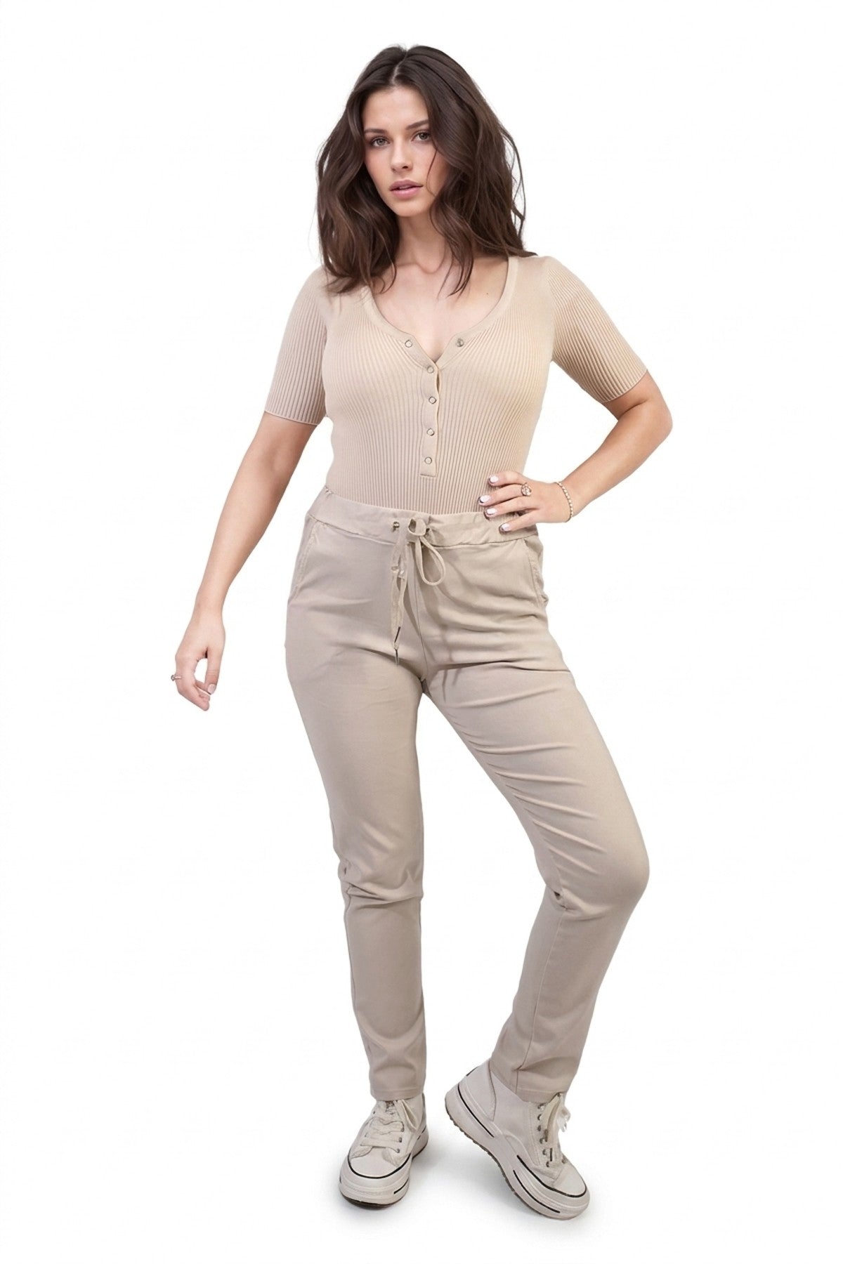 Delilah Casual Drawstring Trousers - Beige_wb