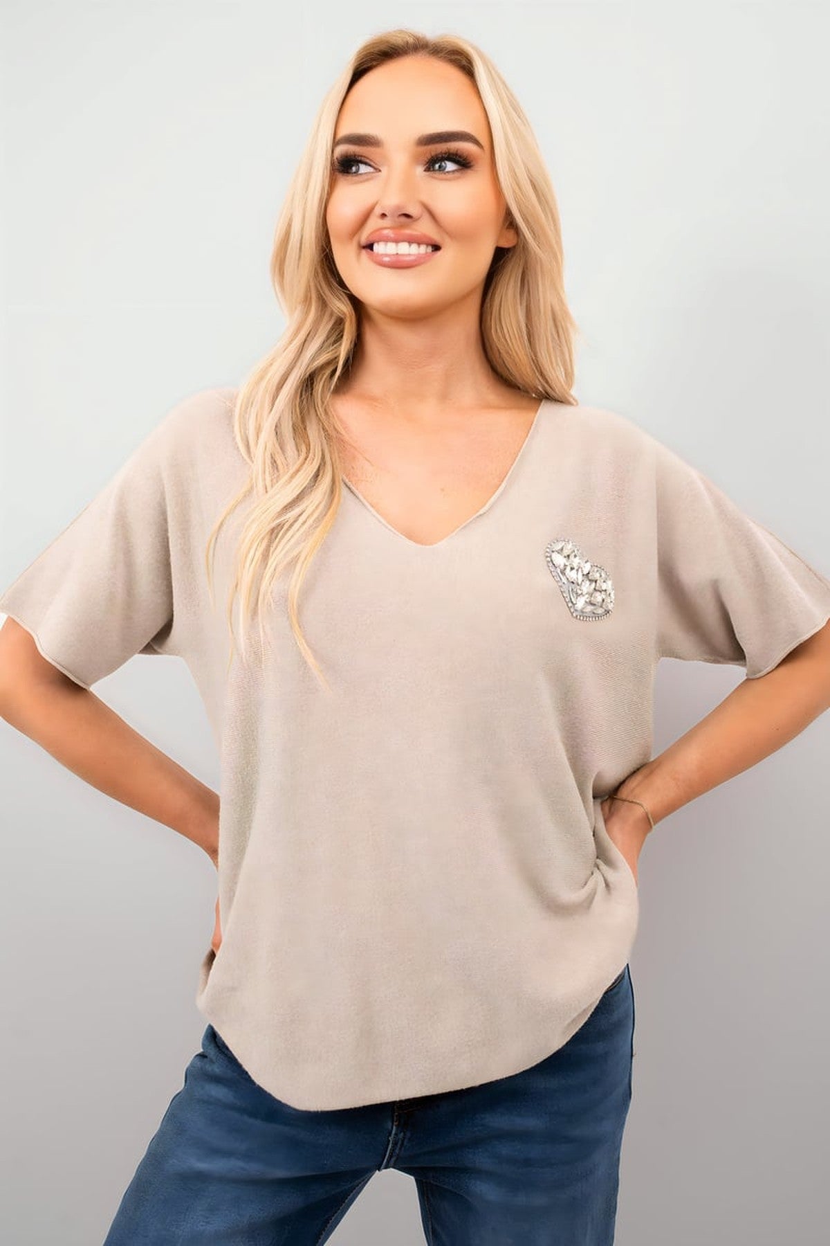 Della Short Sleeve V-neck Oversized Rhinestone Heart Detail Top - Mocha