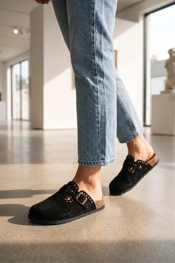 Demi Womens Studded Buckle Clog Mules - Black