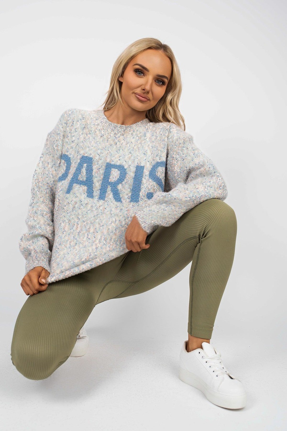 Jalina Long Sleeve Oversized Knitted Jumper With Paris Slogan - Grey