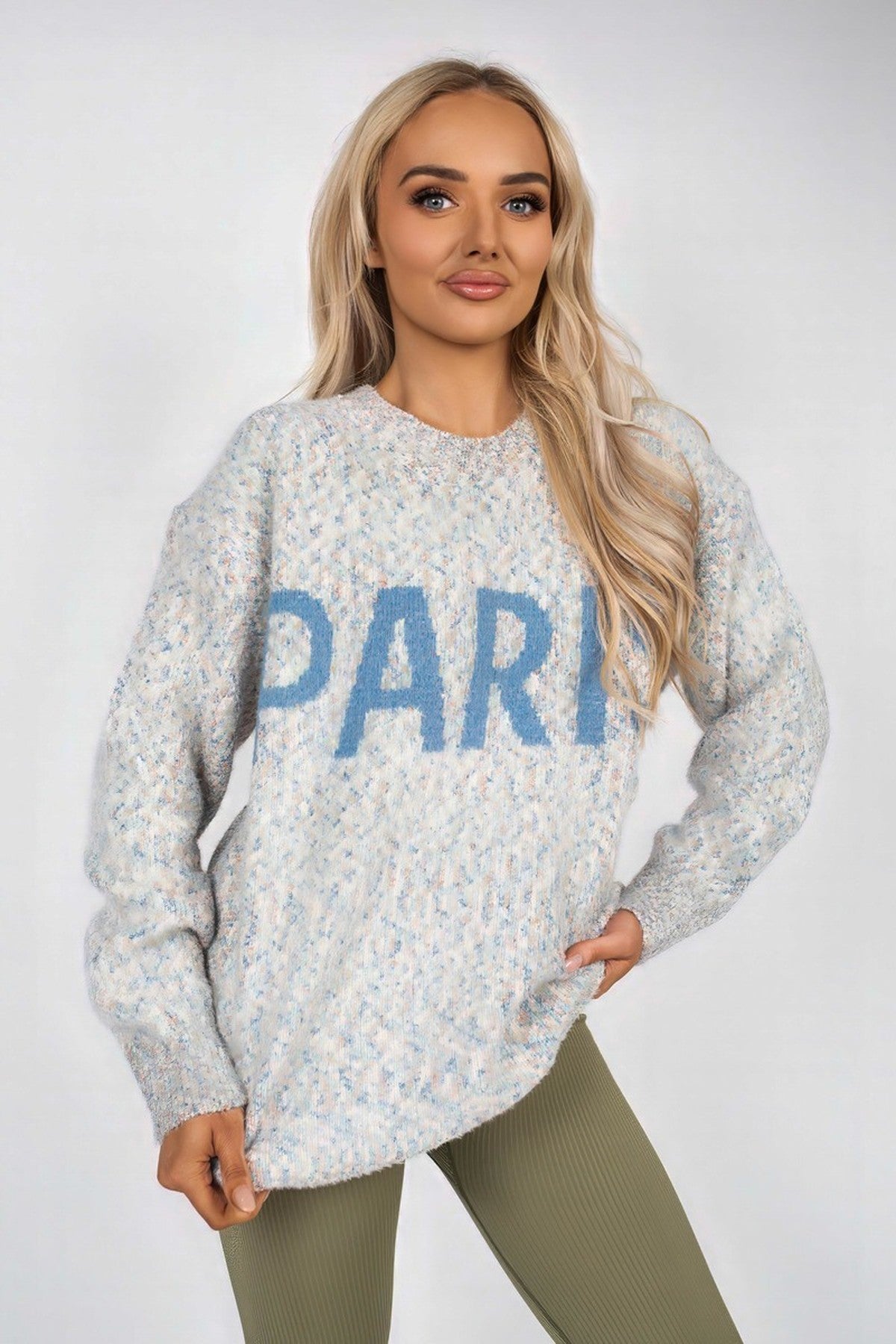 Jalina Long Sleeve Oversized Knitted Jumper With Paris Slogan - Grey