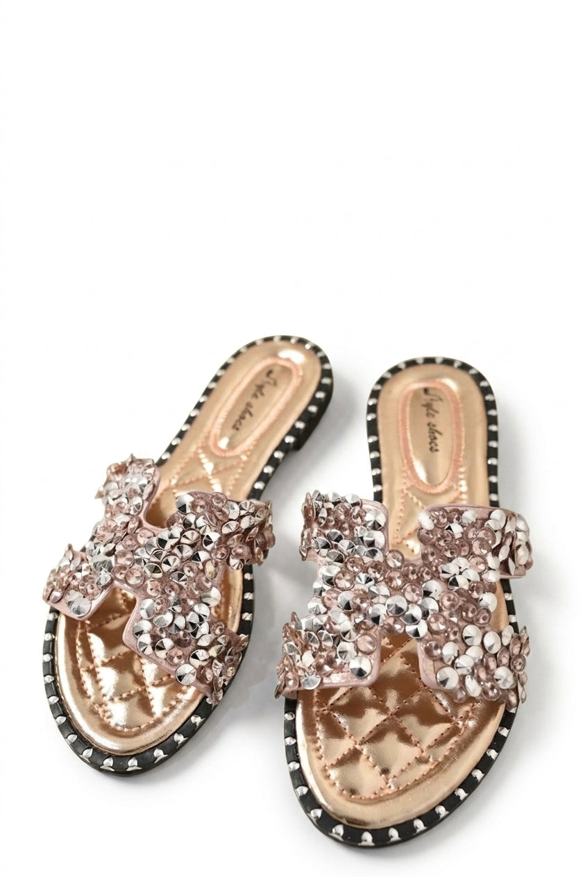 Desiree Embellished Open Toe Flat Sandals - Rose Gold_wb