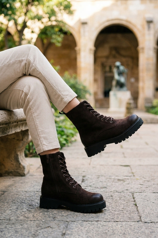 Thora Faux Suede Chunky Sole Boots - Brown