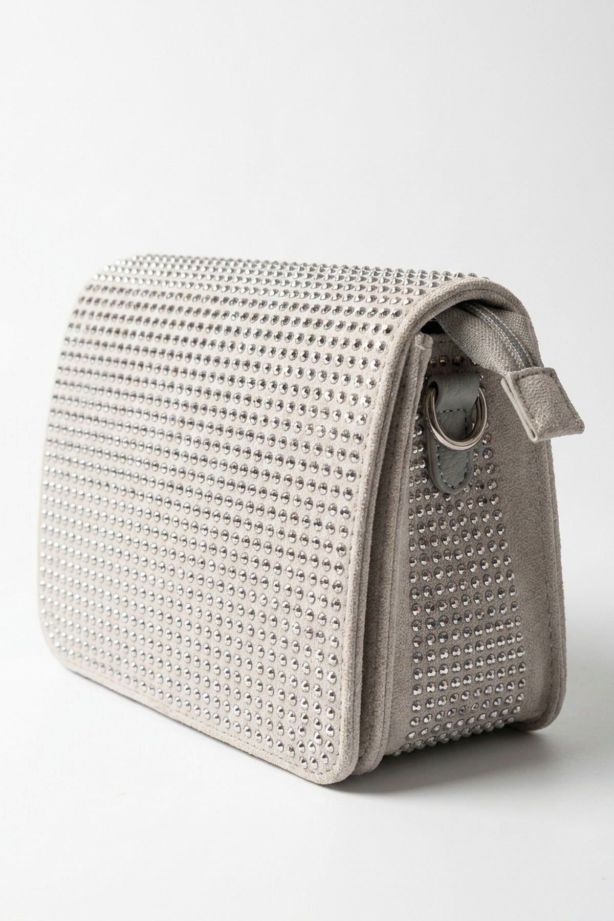 Pearl Diamante Flap Crossbody Bag - Grey