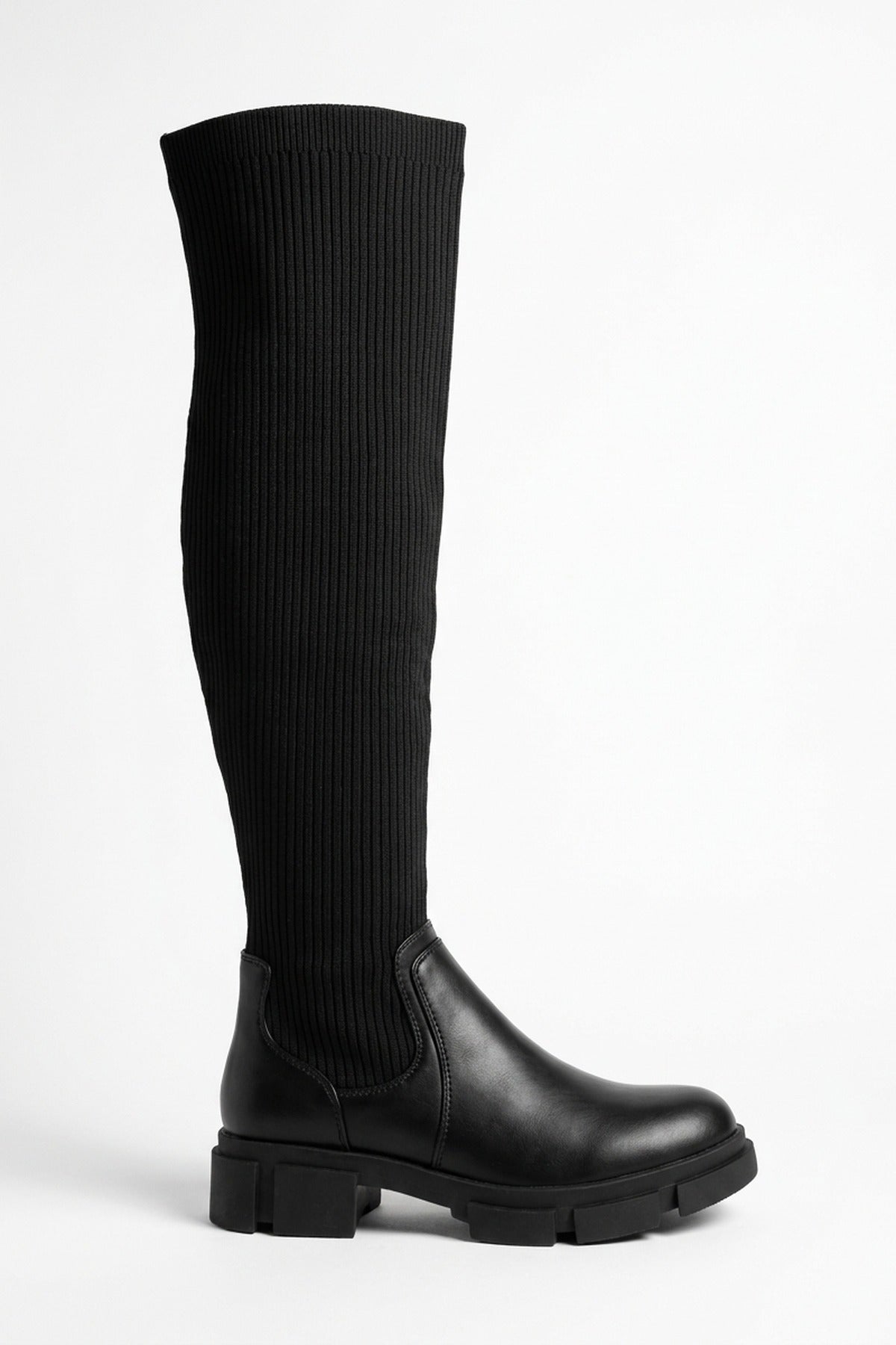 Wendy Knit Over The Knee Chunky Sole Boots - Black