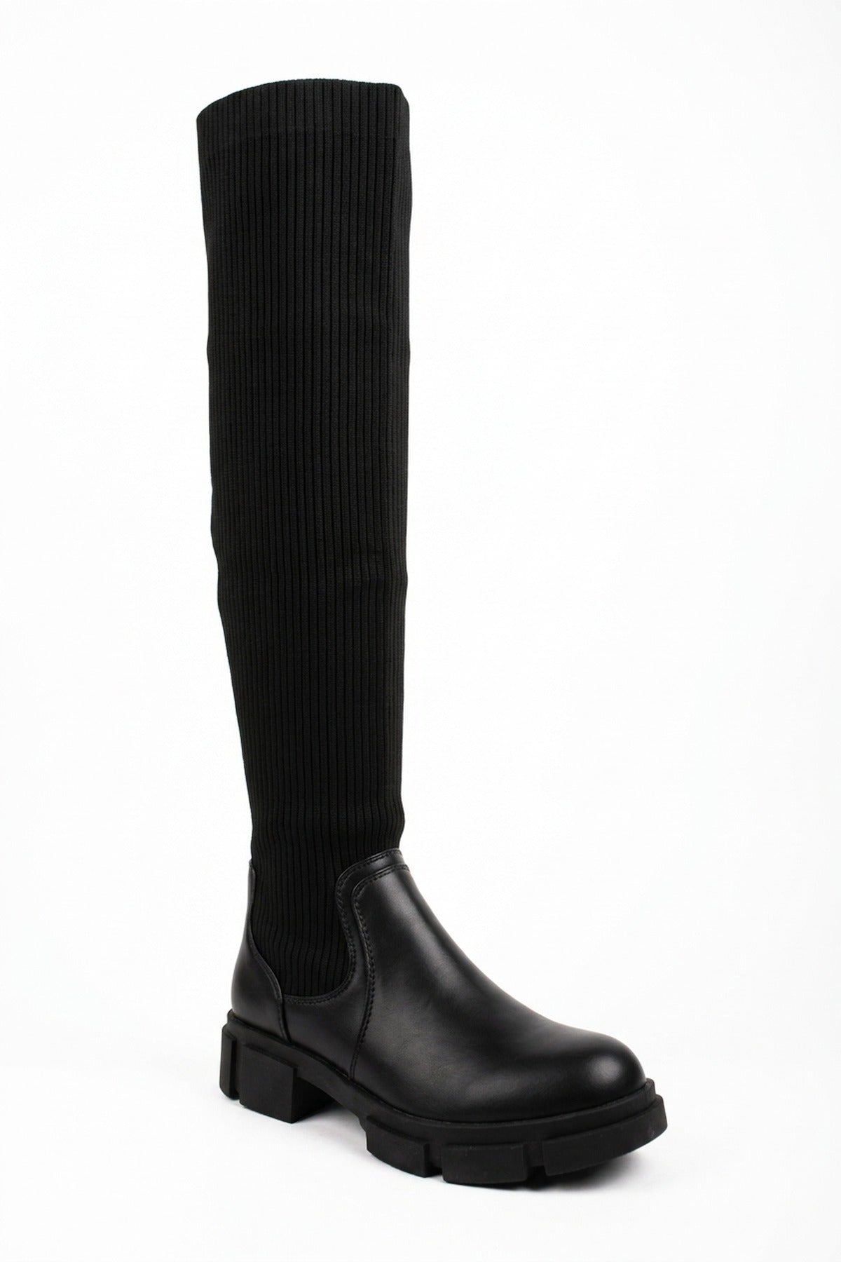 Wendy Knit Over The Knee Chunky Sole Boots - Black