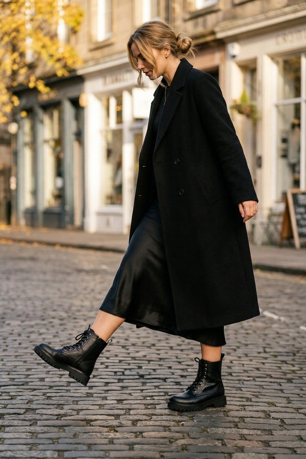 Theia Chunky Sole Lace Up Boots - Black