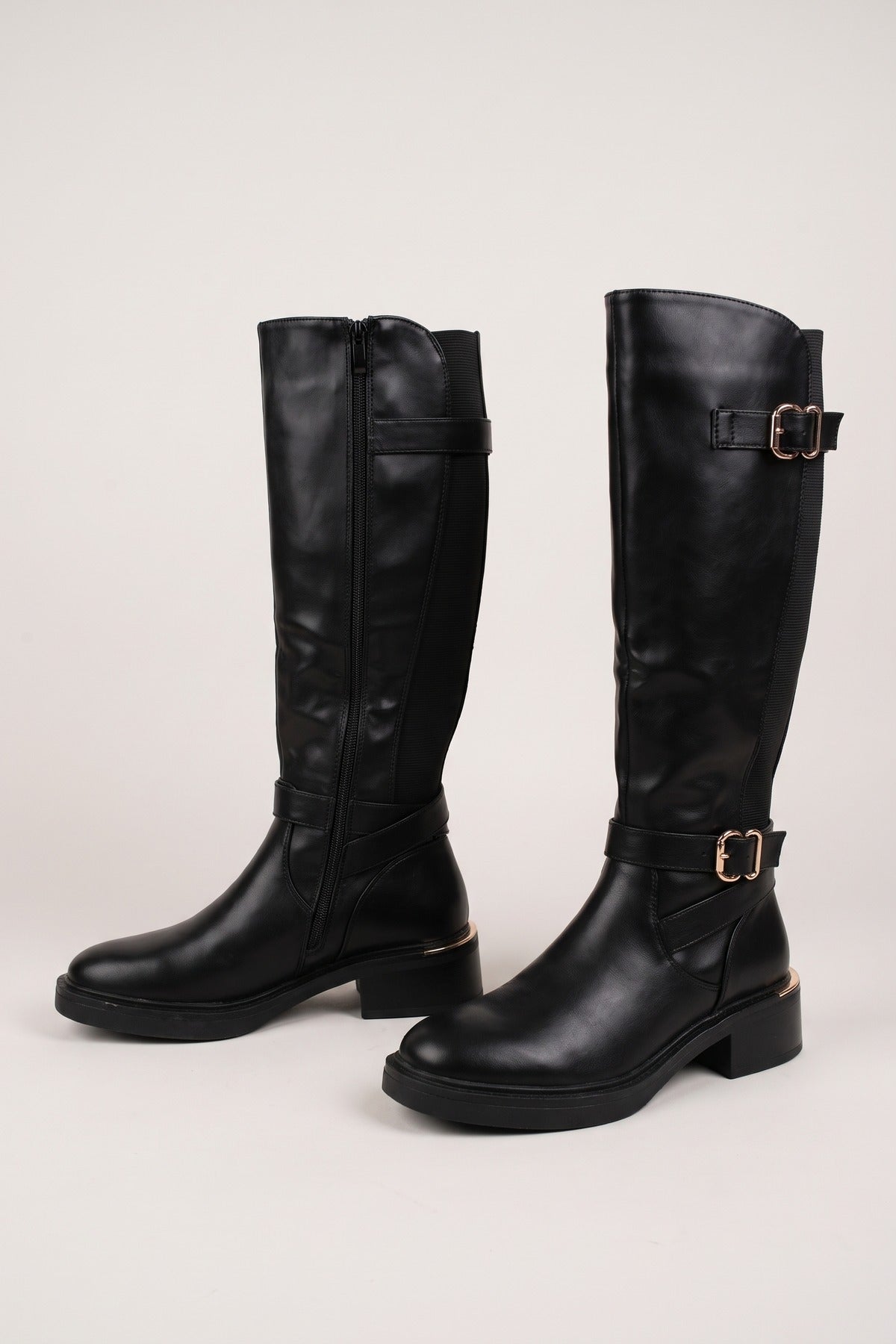 Signe Double Buckle Knee High Riding Boots - Black